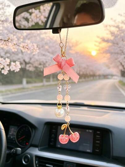 1pc Fabric Bow Cherry Car Rearview Mirror Hanging Ornament, Pink Pearl Butterfly Chain, Girly Car Interior Decor, Realistic Cherry Shaped Car Pendant, Sweet Bow Beaded Design, Universal Car Rearview Mirror Decorative Accessory