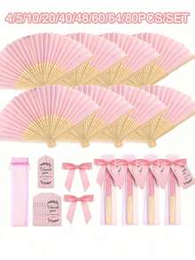 80/64/60/48/40/20/4pcs Pink Wooden Folding Fan Gift Set With Gift Bag And Thank You Card, Bamboo Handheld Folding Fan For Bride, Bachelorette Party, Wedding, Bridal Shower Decoration - Multicolor - View 1