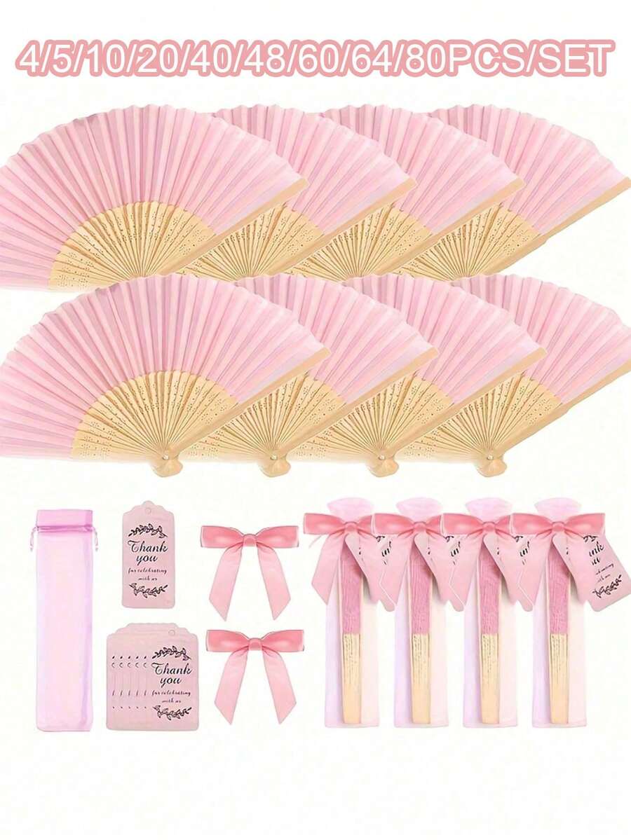 80/64/60/48/40/20/4pcs Pink Wooden Folding Fan Gift Set With Gift Bag And Thank You Card, Bamboo Handheld Folding Fan For Bride, Bachelorette Party, Wedding, Bridal Shower Decoration - Multicolor - View 1