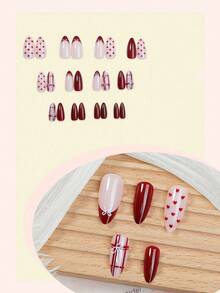 24 piezas de uñas acrílicas postizas de tamaño mediano con forma de almendra, diseño de degradado burdeos y nude con estampado de cuadros, lazos y corazones, uñas postizas de cobertura completa con acabado brillante, estilo dulce y femenino para el Día de San Valentín, adecuadas para mujeres y niñas para fiestas y uso diario - Multicolor - Ver 2