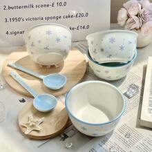 Set Mangkuk dan Sendok Keramik Motif Hati Gadis Kepingan Salju Biru, Peralatan Makan Warna Underglaze, Mangkuk Nasi, Mangkuk Dessert dengan Sendok - Baby Blue - View 4