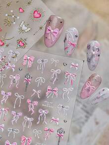 1 Sheet Of Crystal Diamond Pink White Bow Nail Art Stickers, Self-Adhesive DIY Nail Decorations Featuring 3D Embossed Gradient Ribbon Bows, Pearl Chains, Metal Heart Pendants, Mini Silver Rhinestones And Cursive English Lettering - Multicolor - View 1