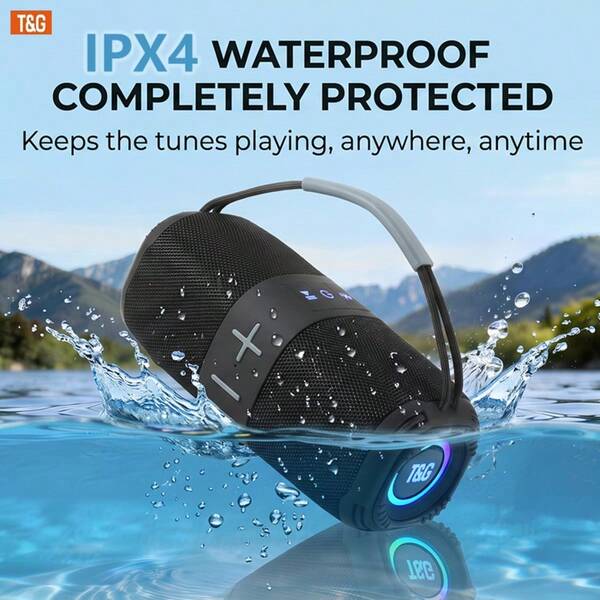 T&G TG668 Wireless Bluetooth Outdoor Speaker, IPX4 Waterproof With RGB Color Lights, TWS Stereo Surround Sound, TF/USB Playback, Hands-Free Mic, For Beach Pool Camping Shower Travel, Holiday Birthday Gift For Men Women