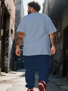 Men's Street Casual Minimalist Series "Color Block Design & Patchwork Lines" Pattern Sports Set - Polyester Knit Fabric, Round Neck Design, Drawstring Cuffed Pants, Pocket Details, Regular Fit, Suitable For Plus Size - Royal Blue - View 2