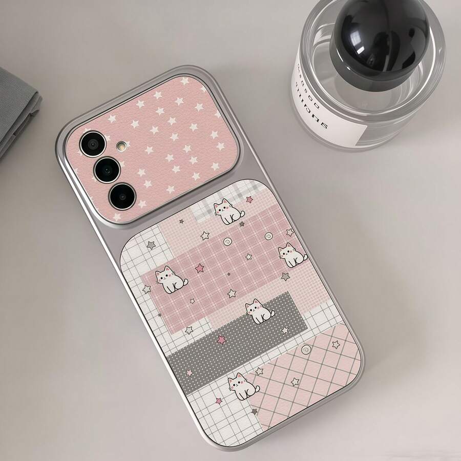 可愛星星格紋小貓圖案噴漆 TPU 全包手機殼，適用 Galaxy S26 S25 S24 Ultra S24 Plus S24 FE S23 S22 A55 A54 A53 A52 A50 A30 A42 A35 A34 A33 A25 A24 A20 A30 A15 A17，Smart 8/ Hot 40i/Spark 20/Spark 20C/Spark Go 2024/ G84/ A7 Pro/Honor X9A X9B X9C X9D - 銀色 - 查看 1