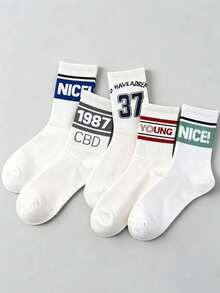 1/5 Pairs Unisex Letter & Number Pattern Mid-Calf Socks, Fashionable Breathable Comfortable Sports Socks, Moisture-Wicking, Suitable For Daily Wear, Sports, All Seasons - Multicolor - View 4