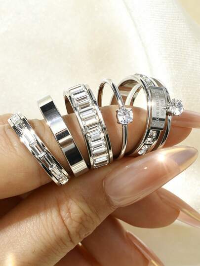 Set 5 Cincin Wanita Minimalis Halus dari Stainless Steel dengan Teks Perak dan Zirkonia, Cocok untuk Pemakaian Sehari-hari, Kencan, Pesta, Liburan, Aksesori Elegan Serbaguna