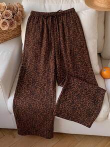 Women's Summer Lightweight Breathable Leopard Print Casual Pants, Elastic Waist With Drawstring, Loose Drapey Wide Leg Long Pants - Coffee Brown - View 3