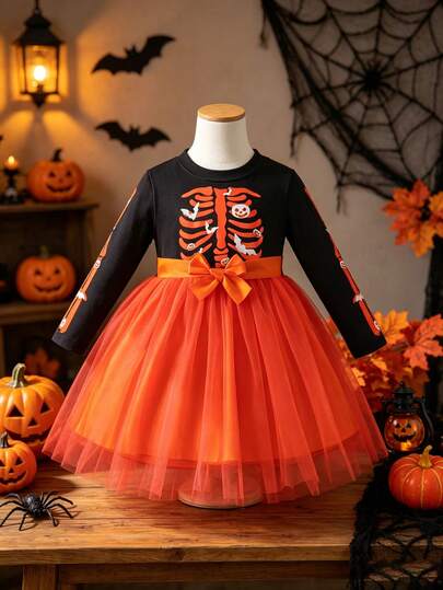 Baby Girl Casual Outdoor Sweet Elegant Lady Cute Gentle Fashion Comfortable Halloween Gift Cool Skeleton Bat Pumpkin Digital Print Orange Mesh Waistband Bow Round Neck Long Sleeve Mesh Princess Dress Suitable For Autumn
