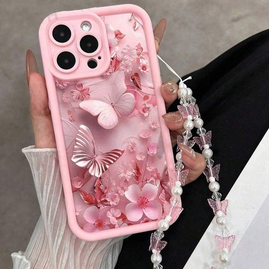 蝴蝶图案粉色链条防震简约时尚手机壳,兼容 16/15、15 Pro Max、Apple P13、P14、P11、P12等机型,防震设计,适用于XS/XR/16 Pro Max/13等机型。另有78P/78GES2等型号可选。 - 彩色 - 查看 1