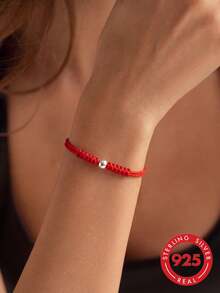 1pc S925 Sterling Silver Minimalist Red Cord Bracelet With Small Round Beads, Adjustable, Versatile For Daily Commute And Casual Wear, Atmospheric Accessory, Thoughtful Gift For Best Friend, Lover, Birthday And Festival - Beads - View 1
