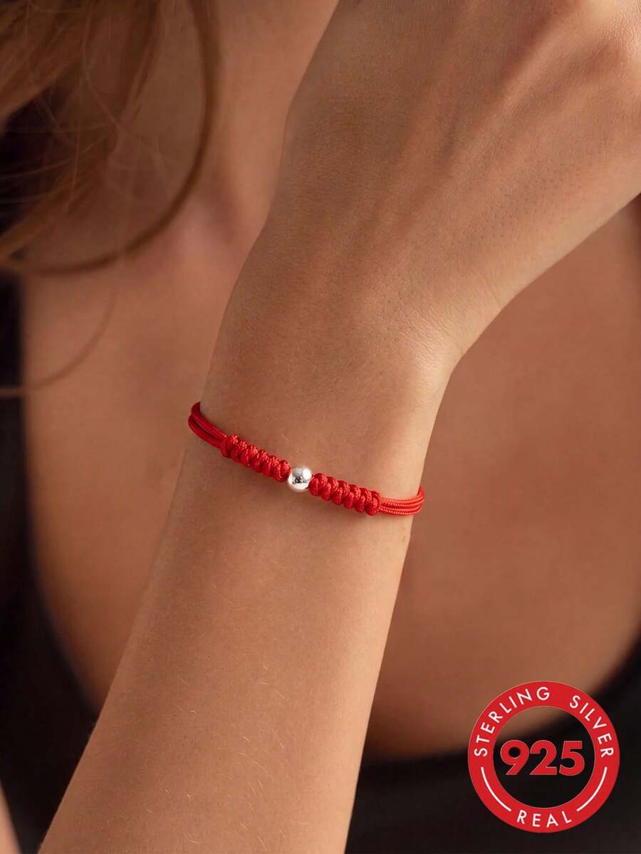 1pc S925 Sterling Silver Minimalist Red Cord Bracelet With Small Round Beads, Adjustable, Versatile For Daily Commute And Casual Wear, Atmospheric Accessory, Thoughtful Gift For Best Friend, Lover, Birthday And Festival - Beads - View 1