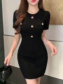 新款春夏修身针织迷你连衣裙，收腰短款女装 - 黑色 - 查看 6