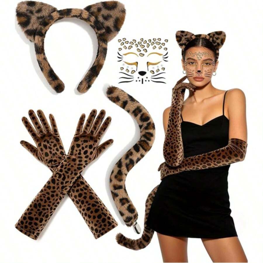 Halloween Animal Costume Accessory Set, Includes Ear Headband And Tail, Leopard Costume Set, Leopard Ear Headband, Leopard Tail, Bowknot, Face Stickers, Suitable For Halloween Role Play - View 1