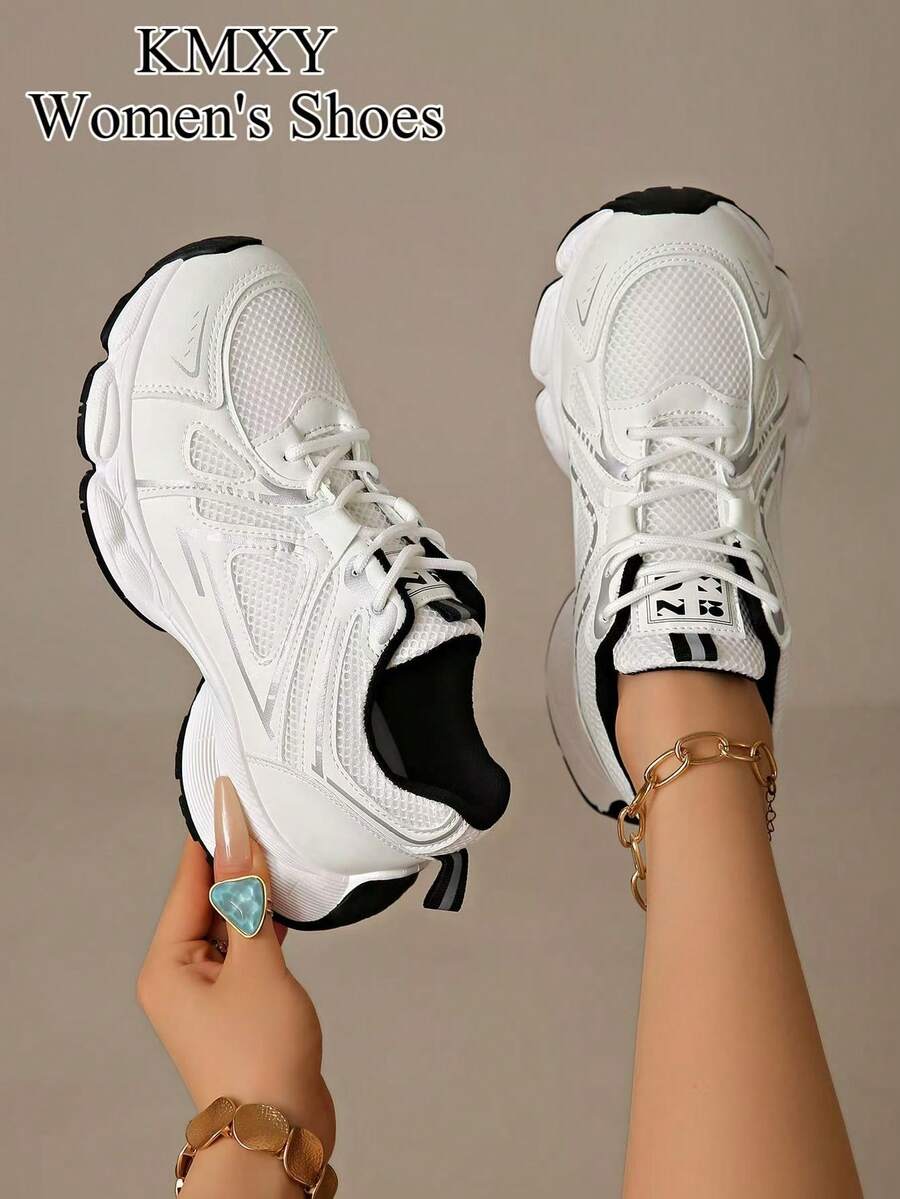KMXY Women's Spring/Autumn New Thick Sole Chunky Sneakers, Breathable Mesh Low-Cut Wedge Casual Shoes, Lightweight Versatile Fashion Lace-Up Shoes, White/Grey/White Colorway, Running Shoes, All-Season Wearable Sports Shoes - Black - View 1
