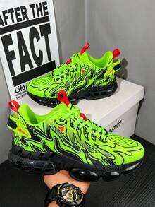 Men's Neon Green Flame Pattern Minimalist Versatile Casual Comfortable Running Shoes, Daily Colorblock Patchwork Low-Top Commuter Outdoor Sports Shoes, Air Cushion Running Shoes - Green - View 2