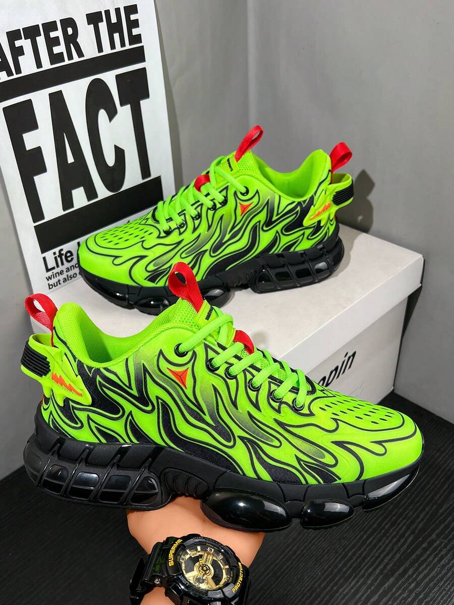 Men's Neon Green Flame Pattern Minimalist Versatile Casual Comfortable Running Shoes, Daily Colorblock Patchwork Low-Top Commuter Outdoor Sports Shoes, Air Cushion Running Shoes