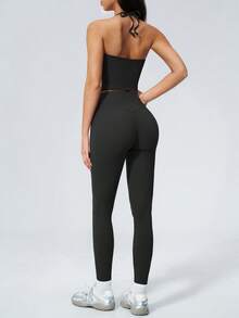 NcmRyu Women's One Set Solid Color Halter Tie U-Neck Backless Cropped Tank Top High Waist Ankle Pants Sports Outfit - Black - View 3