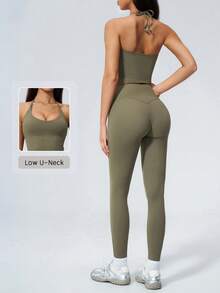 NcmRyu Women's One Set Solid Color Halter Tie U-Neck Backless Cropped Tank Top High Waist Ankle Pants Sports Set - Green - View 11