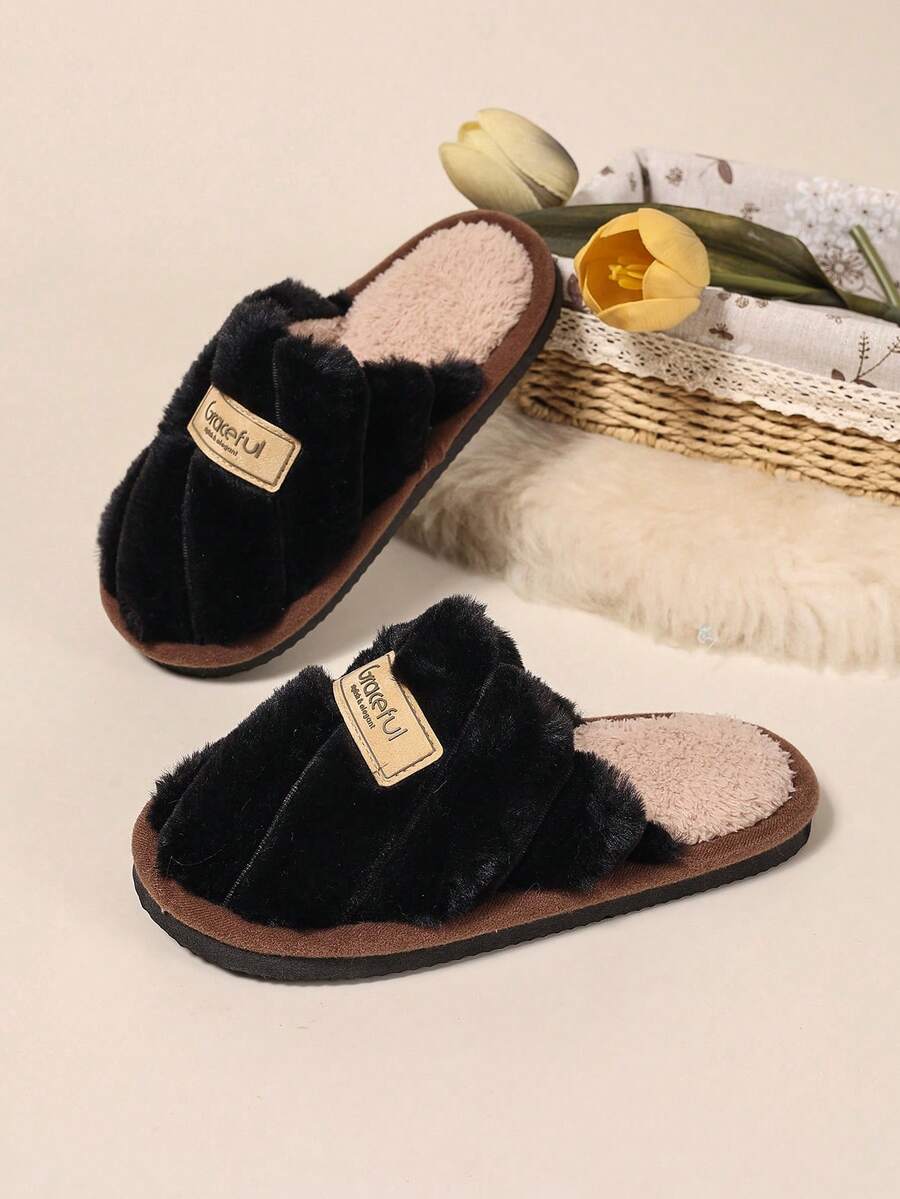 HelloBear 男士時尚保暖拖鞋，極簡標籤設計，柔軟絨毛情侶款，室內/室外通用，多色可選