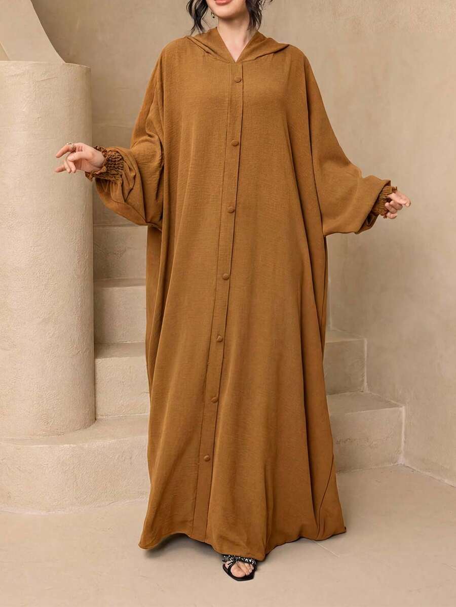 1pc Fashionable Versatile Solid Color Hooded Buttoned Ice Silk Crinkled Long Robe Women's Elegant Soft Abaya Sun Protection Muslim Clothing Shawl - Camel - View 1