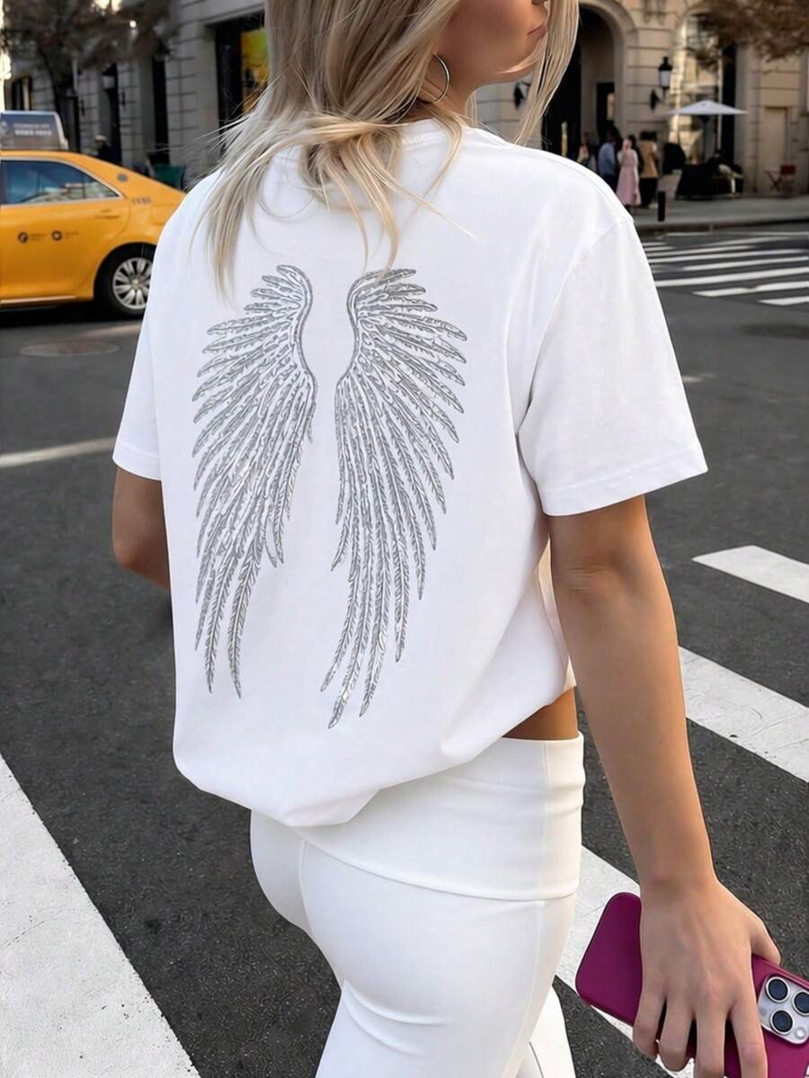 Angel-Wing Outfit For The Bold, Y2K Summer Look For Women, Vacation And Beach Outfits, Women's Casual Round-Neck Short-Sleeve White T-Shirt In Y2K Style - Style1 - View 1