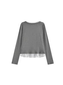 Kaos Lengan Panjang Kasual dengan Ikat Depan dan Lipatan di Pinggang - Grey - View 6