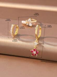 3pcs/Set Vintage Rhinestone Plain Hoop Butterfly Pearl Red Zirconia Flower Mixed Earring Set Suitable For Women Spring Date Commute Wear - Earring Set - View 8