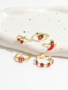Juego de 5 anillos apilables estilo INS con esmalte falso de goteo rojo, diseño divertido de verduras, mariquita, fresa y chile para mujer - Dorado - Ver 2