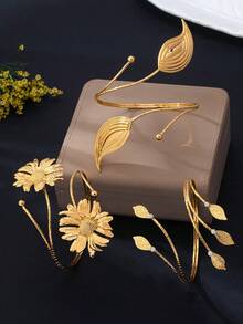 1 pieza/3 piezas Brazalete abierto con hoja de margarita, brazalete de metal estilo vacaciones de playa, accesorio de brazo de nicho de alta gama - Amarillo dorado - Ver 4