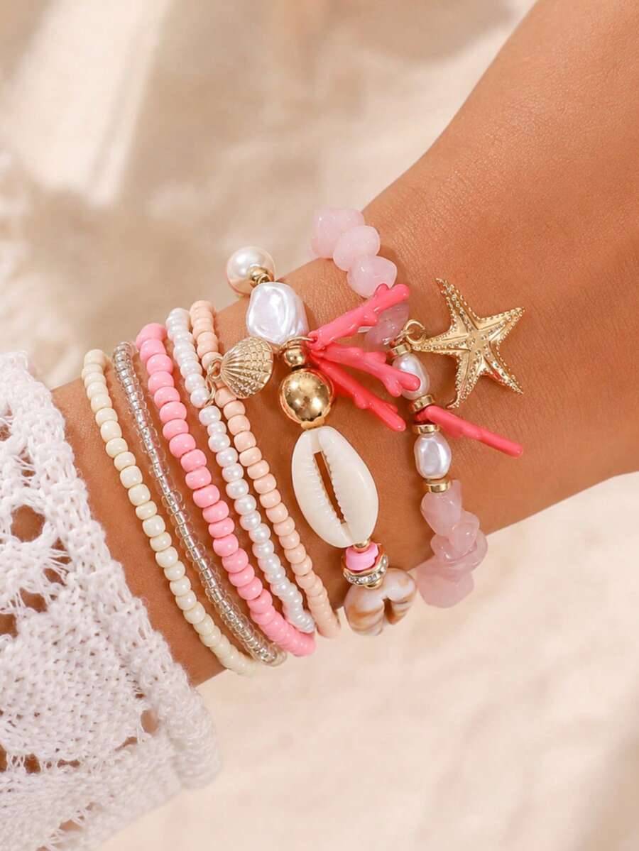 Handmade Beaded Bohemian Style Women's Bracelet, Seed Bead & Starfish Bracelet, Shell & Coral, Fashionable Ocean Themed Beach Jewelry Accessory - Multicolor - View 1