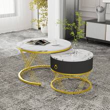 Set Of 2 Elegant Modular Coffee Table Set – Table With Drawers – Black And Gold - 白色 - 查看 7
