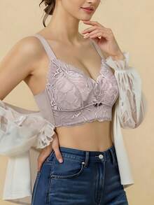 法式性感蕾絲內衣女款 薄款全罩杯舒適大胸顯小胸罩 側收平滑 防下垂 聚攏可調節胸罩 - 紫丁香色 - 查看 3
