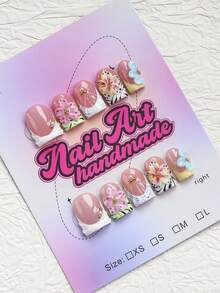 10pcs/Set Handmade Square Pointed False Nails, Y2K Baddie Style, Colors Include Nude, White, Green, Blue, Yellow, Black & White Zebra Print, 3D Pink & Blue Floral With Pearl & Gold Bead Accents, Green Base With Pink Polka Dot Contrast, Suitable For Party, Dance, Daily Wear, Comes With Tool Set, Perfect Gift For Women And Girls Handmade Press On Nails - Multicolor - View 3