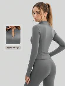 NcmRyu Women's 1pc Metal Zipper Small Stand Collar Thumb Hole Long Sleeve Slim Fit Sports Jacket - Grey - View 11