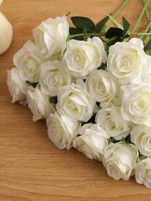 1PC Artificial Rose Bouquet, Realistic Silk Fake Roses With Long Stem, Faux Flower Arrangement For Autumn Home Decor, Bridal Shower, Thanksgiving Party Table Centerpiece, Indoor Vase Decoration, Fall Holiday Floral Ornament - White - View 6