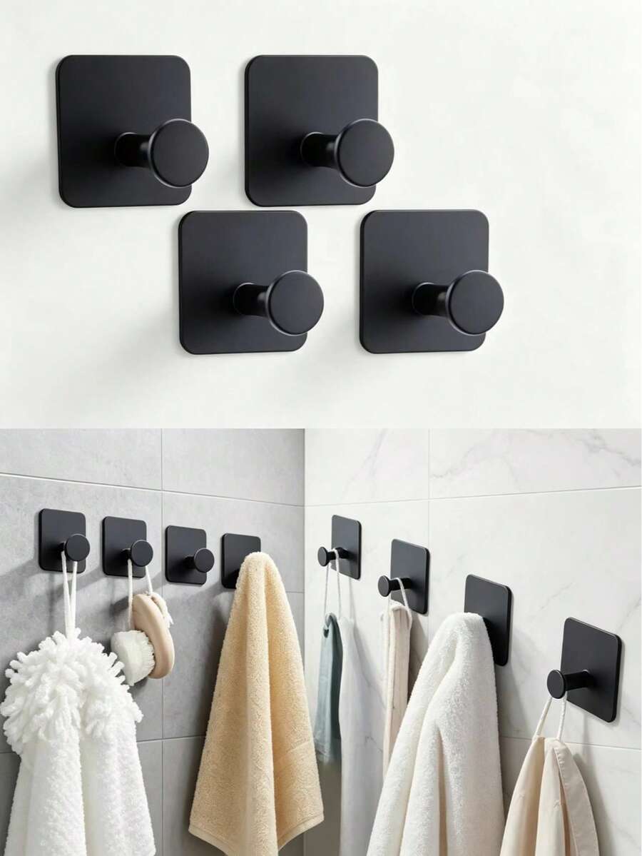 4pcs Matte Black Self-Adhesive Wall Hooks, Drill-Free Waterproof Heavy Duty Adhesive Hooks, 10kg Load Capacity, Multi-Purpose Hooks Suitable For Bathroom Towels, Bathrobes, Kitchen, Hats - Multicolor - View 1