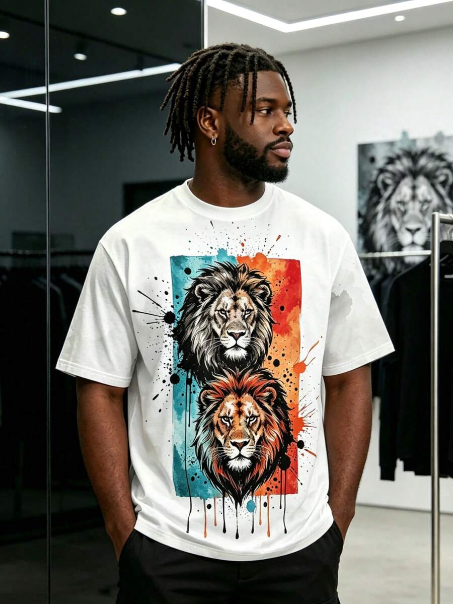 Men's Plus Size Double Lion Colorful Ink Art Print T-Shirt - Multicolor - View 1