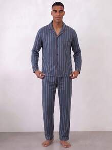 Snug League [PONX]2pcs Men's Pajama Set, Long Sleeve Top & Pants, Breathable & Moisture-Wicking, Spring/Autumn, Fall Winter Clothes - Blue - View 5