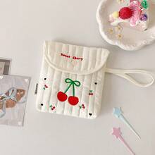 1pc Cute Cream White Quilted Sanitary Pad Storage Bag, Cartoon Embroidered Period Pad Organizer With Handle, Snap Button Flap Mini Makeup Pouch, Fits Lipstick, Hair Clips, Swabs, Portable Multi-Functional Storage Bag For Teenage Girls, Travel, College Dorm, Daily Use,Back To School - Multicolor - View 7