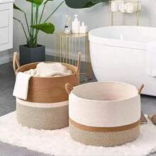 Bohemian Style Dual-Color Cotton Rope Storage Basket With Tassels And Rope Handles, Soft Woven Decorative Laundry Basket, Large Capacity Storage Basket For Blankets, Toys, Clothes, Plants, Housewarming Gift, Baby Shower Gift - Brown - View 3