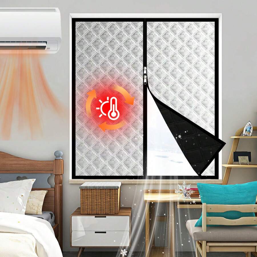1PC Black Curtain, Windproof & Warm Winter Window Curtain, Bedroom Cold-Proof Sealing Window Insulation Film, Zipper Design - Black - View 1