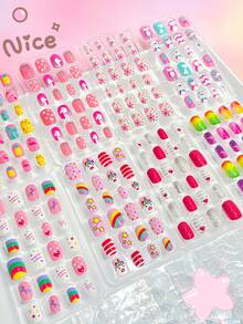 192pcs Cute Cartoon Children's Fake Nails, Cute Unicorn Rainbow Star Floral Reusable Nail Stickers, DIY Manicure, Girls Party Birthday Gift - Multicolor - View 10