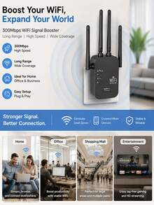 WiFi Extender Signal Booster For Home Office, 300Mbps WiFi Repeater 2.4GHz Dual Band Wireless Booster Long Range Covers Performance Home Cellular Repeater Amplifier - EU C Type Plug(220-240V) - View 1
