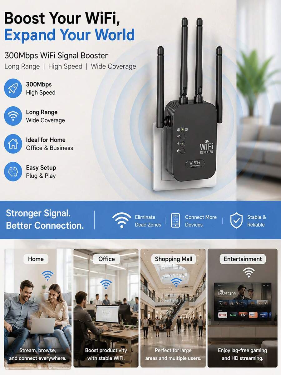 WiFi Extender Signal Booster For Home Office, 300Mbps WiFi Repeater 2.4GHz Dual Band Wireless Booster Long Range Covers Performance Home Cellular Repeater Amplifier - EU C Type Plug(220-240V) - View 1