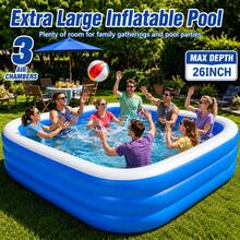 1pc Extra Large Inflatable Swimming Pool, Thickened Wear-Resistant Leak-Proof Inflatable Water Pool, Portable Foldable Full-Size Adult Pool, Suitable For Backyard Garden Patio Lawn Summer Water Party Outdoor Family Entertainment - Blue - View 5
