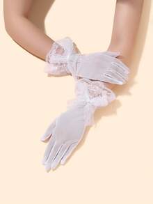 1 par de guantes sin dedos de encaje y malla para mujer, estilo gótico, protección solar transpirable de verano, guantes de encaje con lazo de estética oscura, guantes de tul para boda, guantes de encaje con ribete estilo Lolita - A - Ver 4