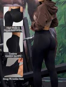1pc Seamless High Waist Tummy Control Butt Lifting Workout Leggings, 4-Way Stretch Breathable Yoga Pants For Casual, Running, Fitness Sports - Black - View 1