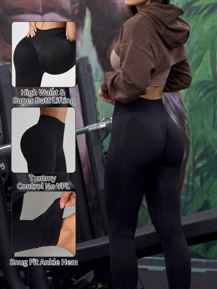 1pc Seamless High Waist Tummy Control Butt Lifting Workout Leggings, 4-Way Stretch Breathable Yoga Pants For Casual, Running, Fitness Sports - Black - View 1