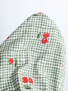 两件套橄榄绿樱桃印花吊带背心和短裤套装，休闲、度假、优雅、浪漫的夏季服装，适合假日、返校、外出等场合。 - 橄欖綠 - 查看 8